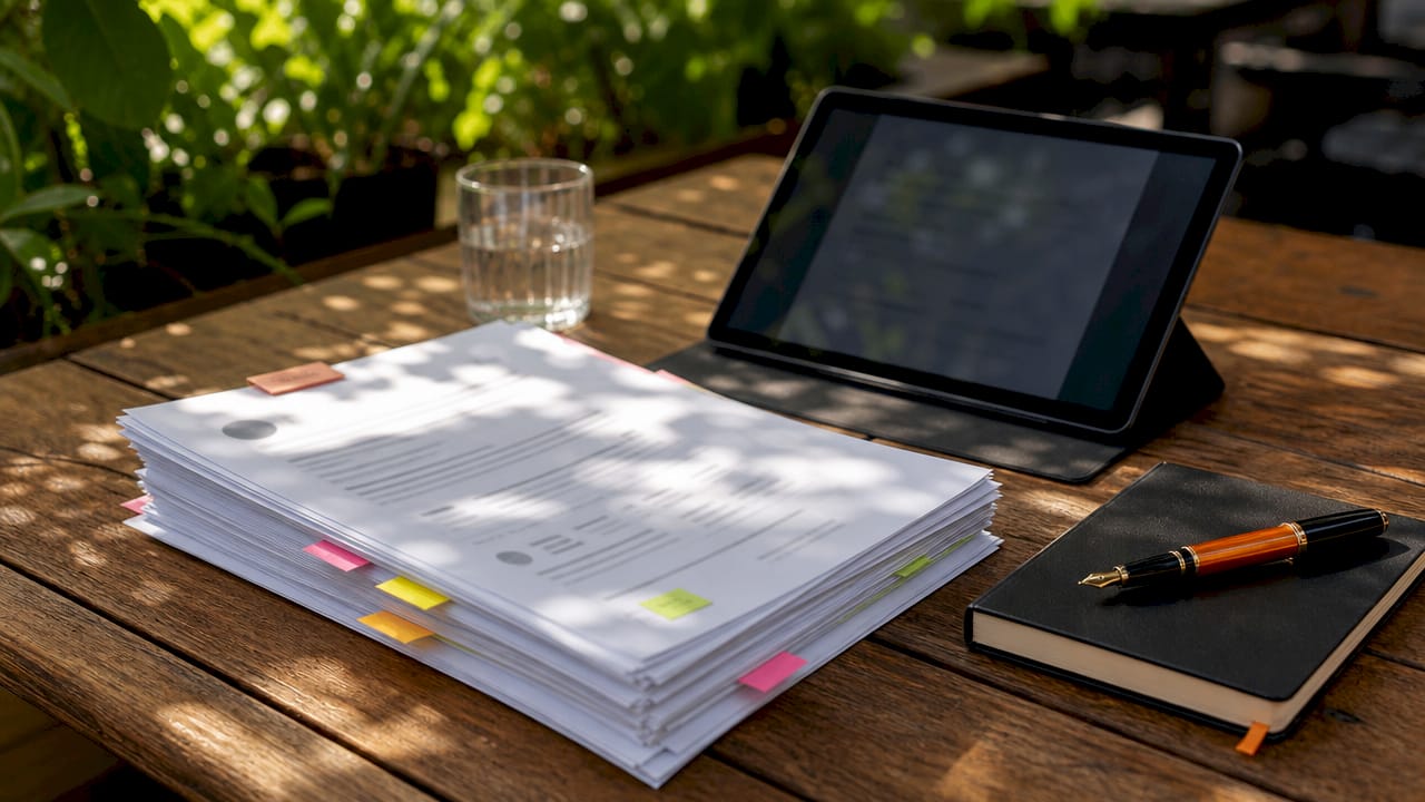 Stack of annotated CV summaries on office desk