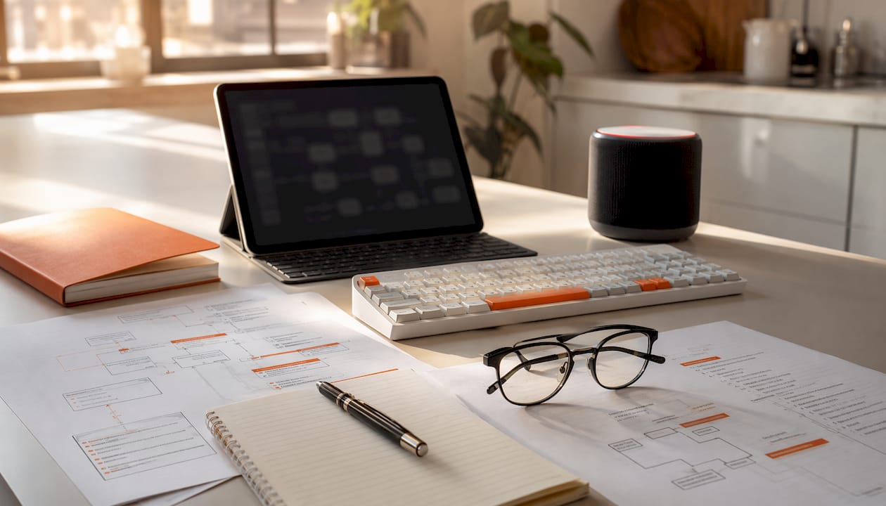 Overhead view of digital workflow and documents on table