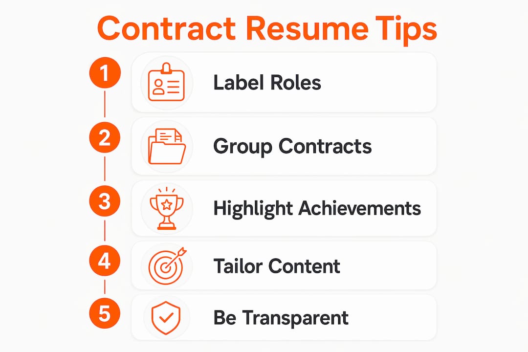 Infographic outlining five key contract resume tips in vertical steps