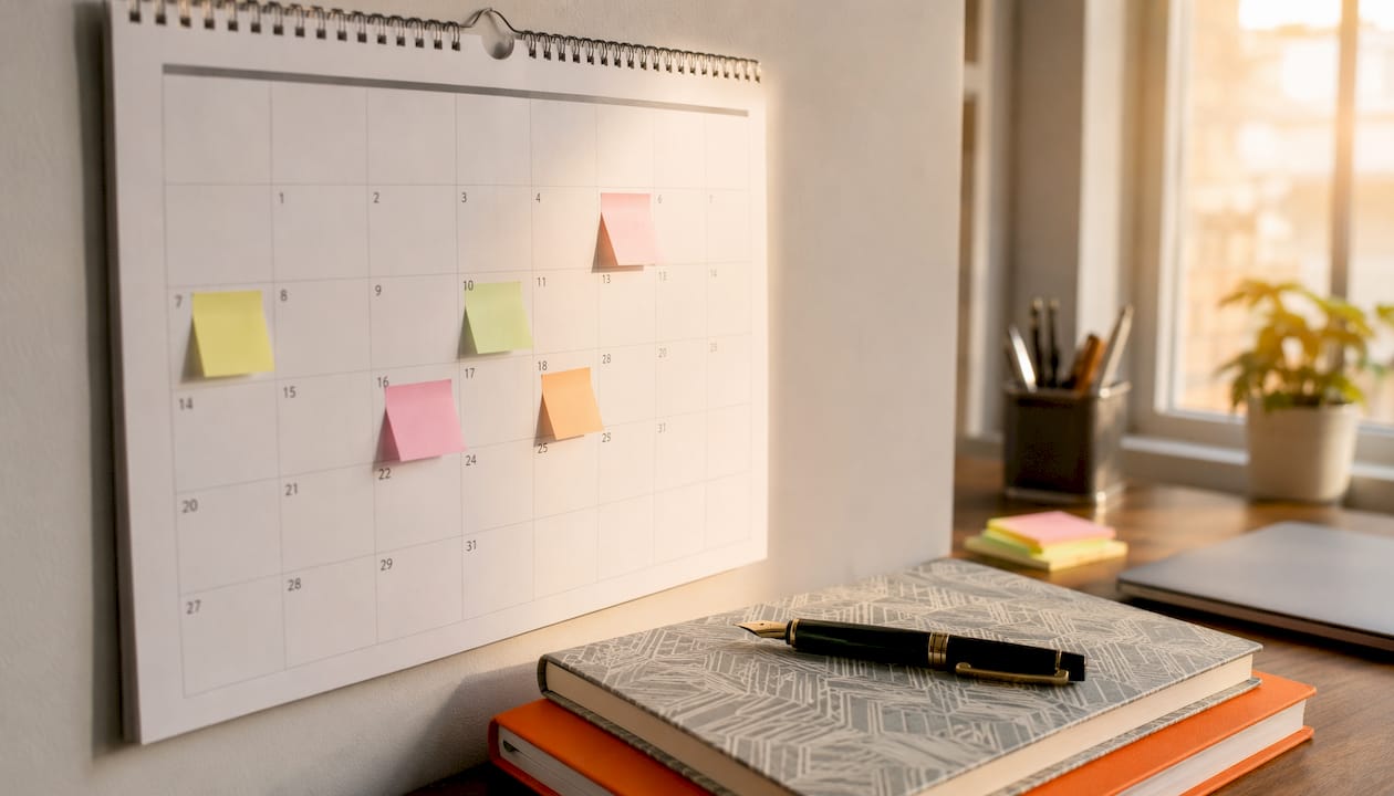 Desk calendar and pen reminding CV update dates