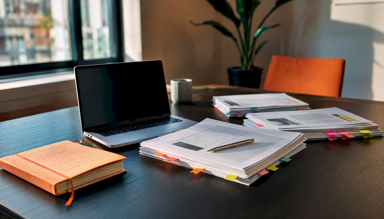 Overhead view of CV documents and parsing tools on desk