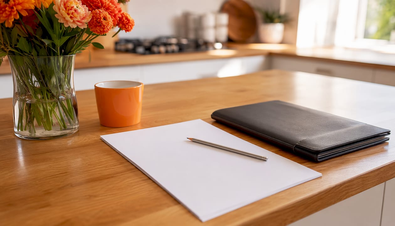 Overhead view of CV document and smartphone on table