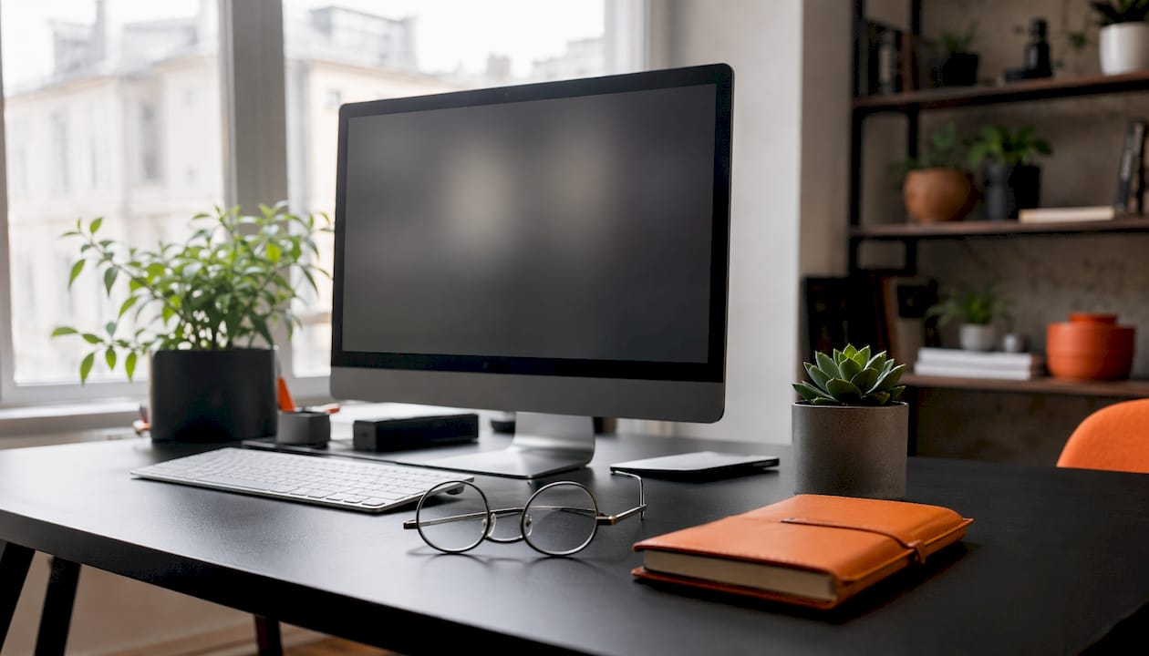 Desk with monitor showing portfolio builder interface
