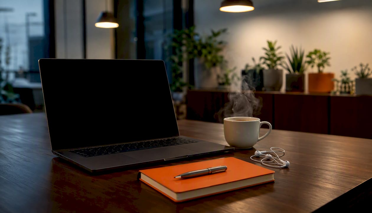 Workspace with laptop and resume drafting accessories