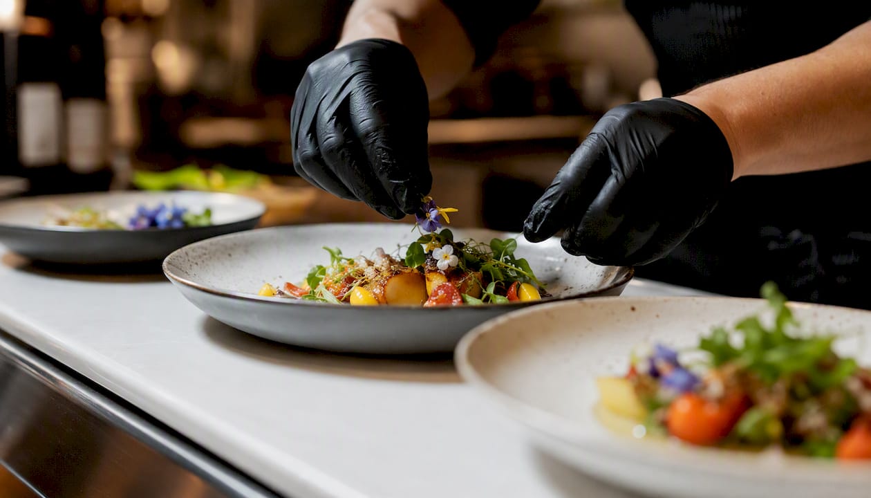 Close-up of dish plating in restaurant kitchen