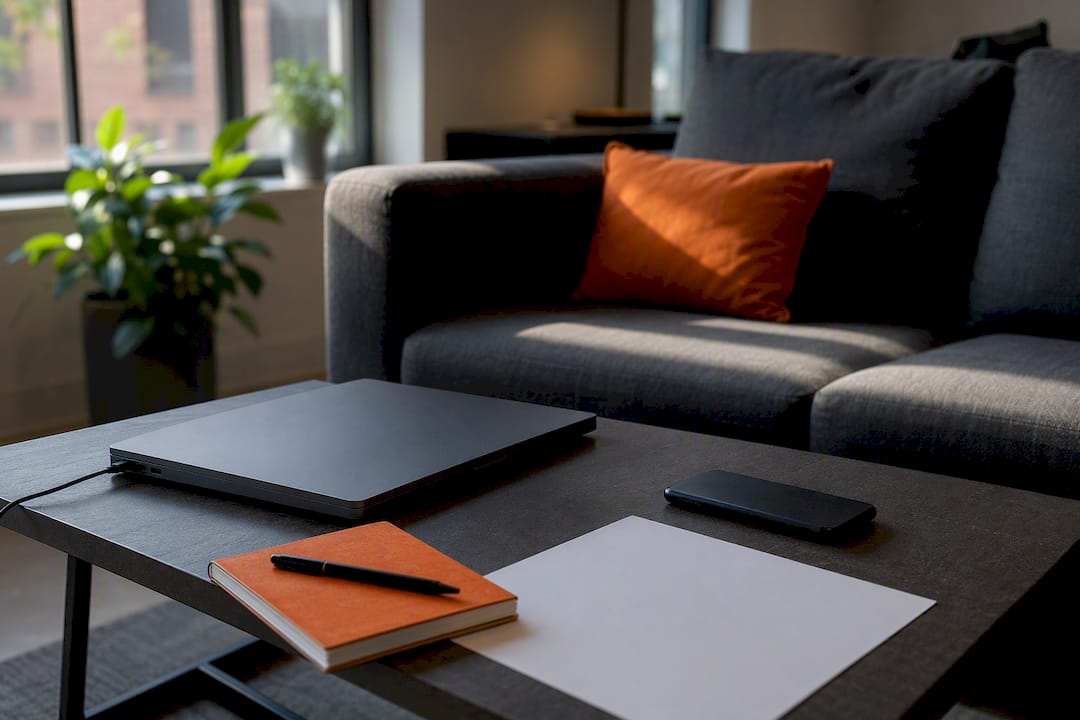 Workspace with laptop, notebook and smartphone