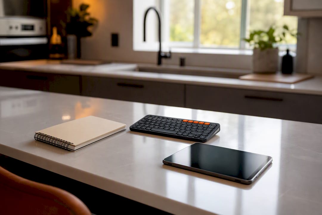 Workspace with keyboard and tablet for keyword tracking