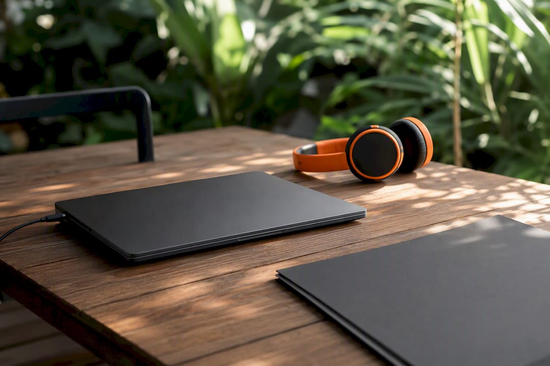 Clean workspace with laptop charging port and accessories