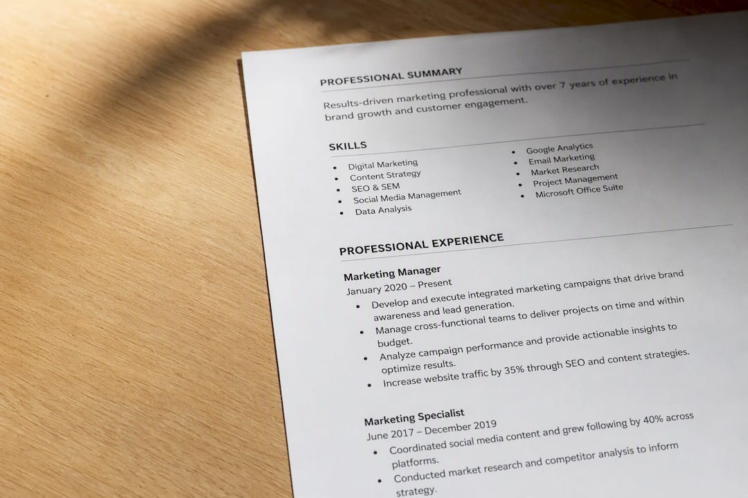 Printed resume with text-only layout