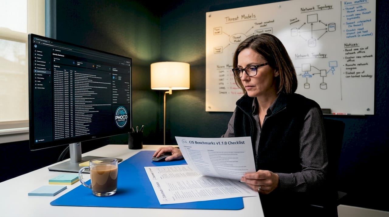 Security analyst checking CIS controls in office
