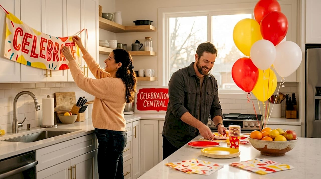 People coordinating colorful party decorations