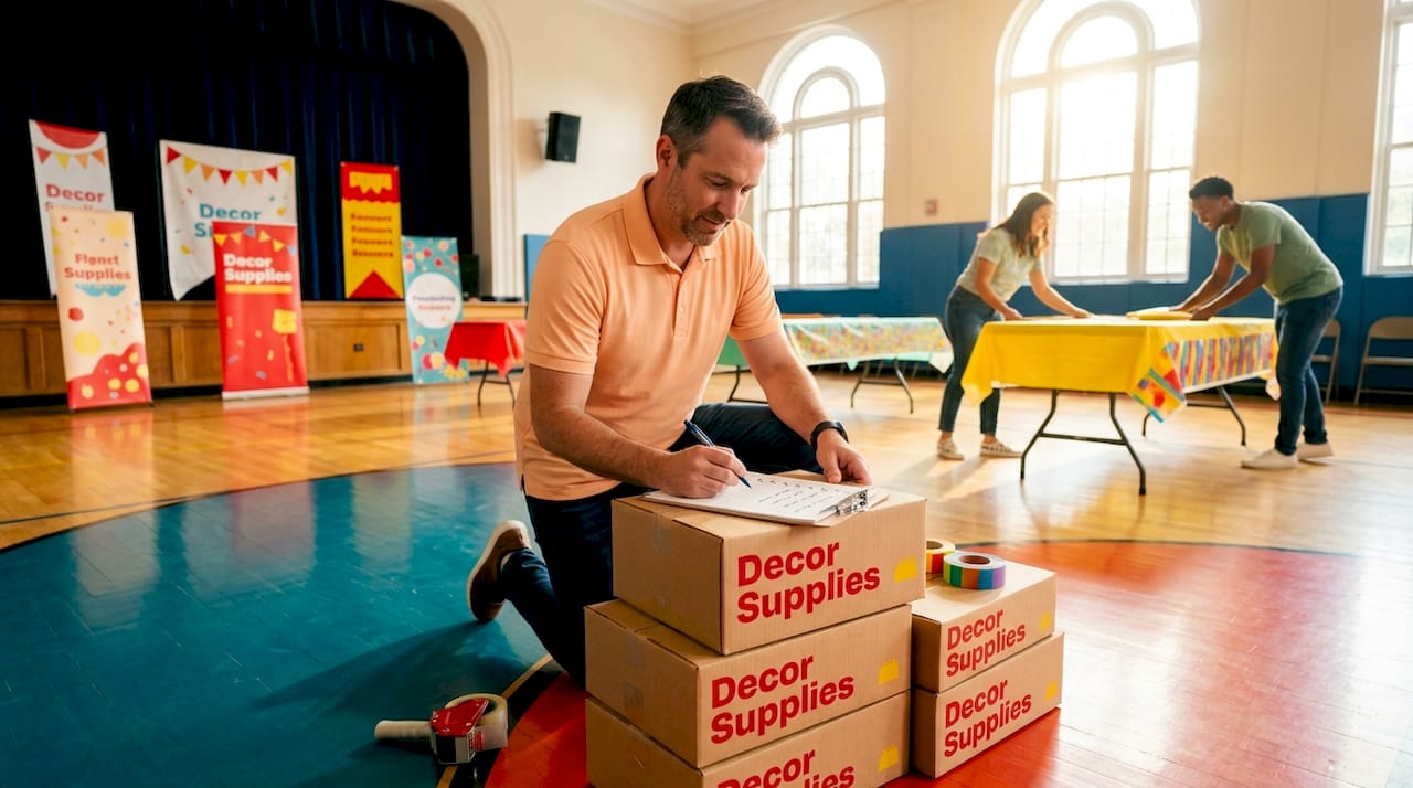 Event planner organizing supplies during gymnasium setup