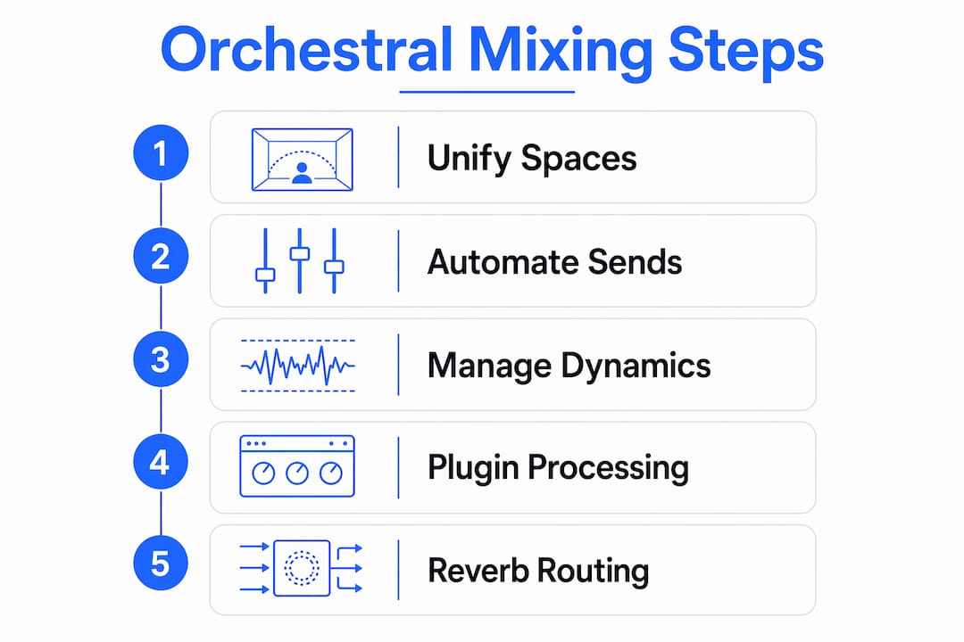 Infographic showing key steps in mixing orchestral plugins