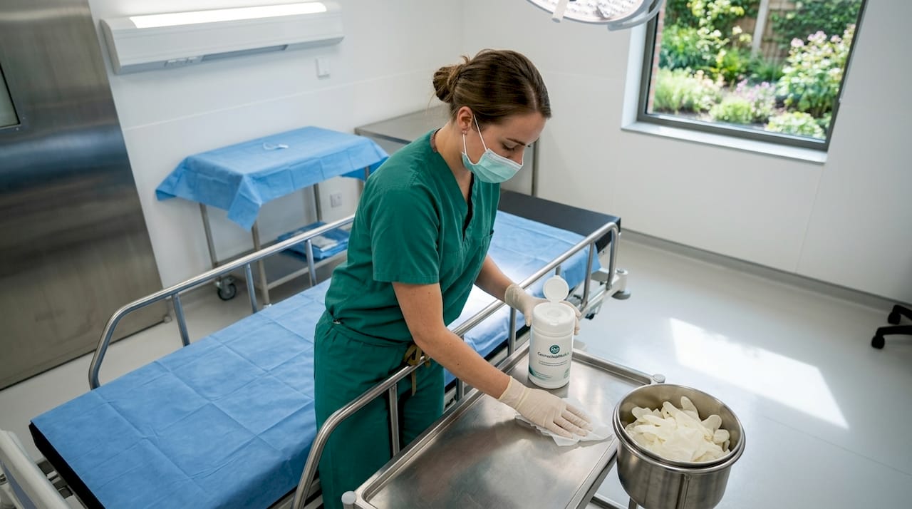 Assistant cleans operating theatre bed for infection control