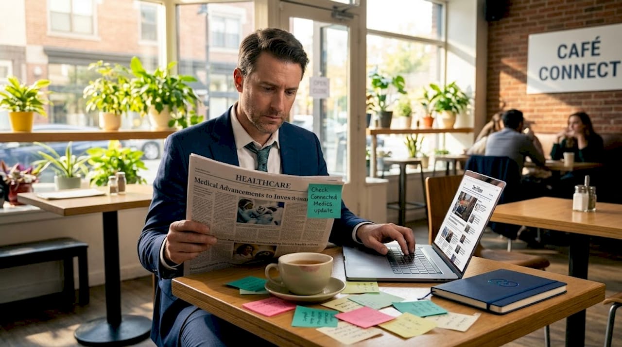 Professional reading healthcare news by office window