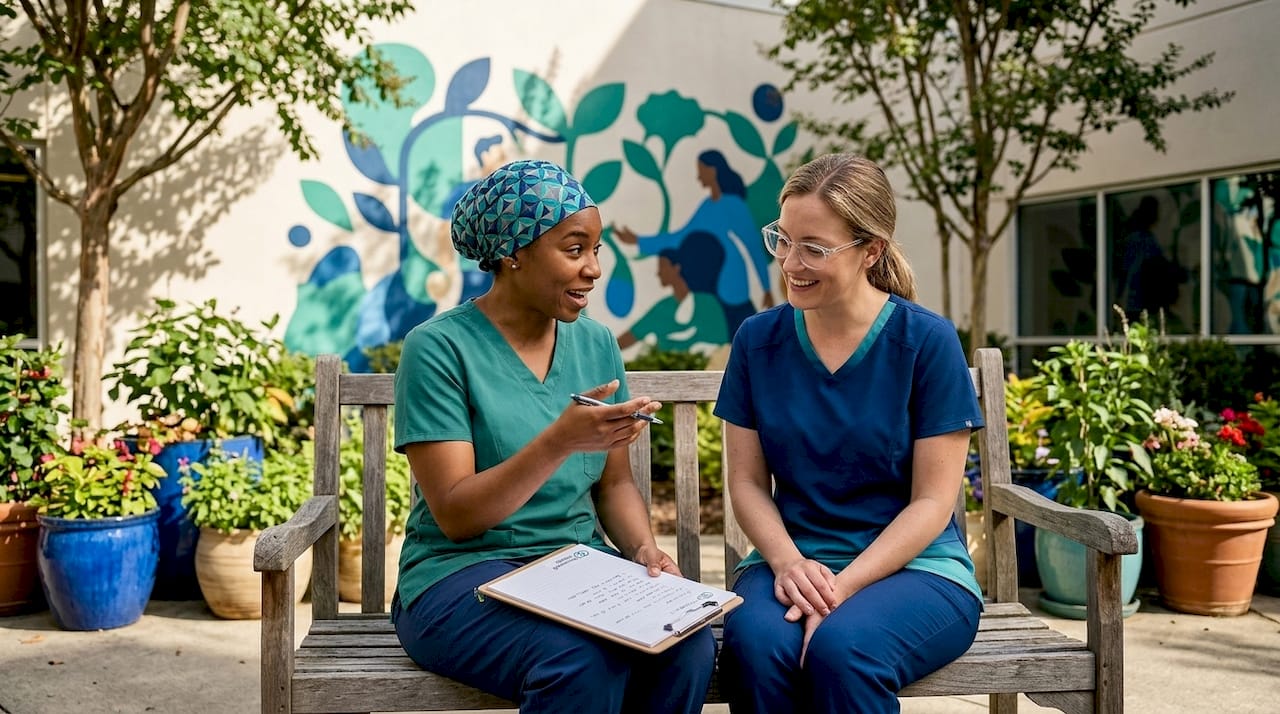 Nurses collaborating in quiet hospital corridor