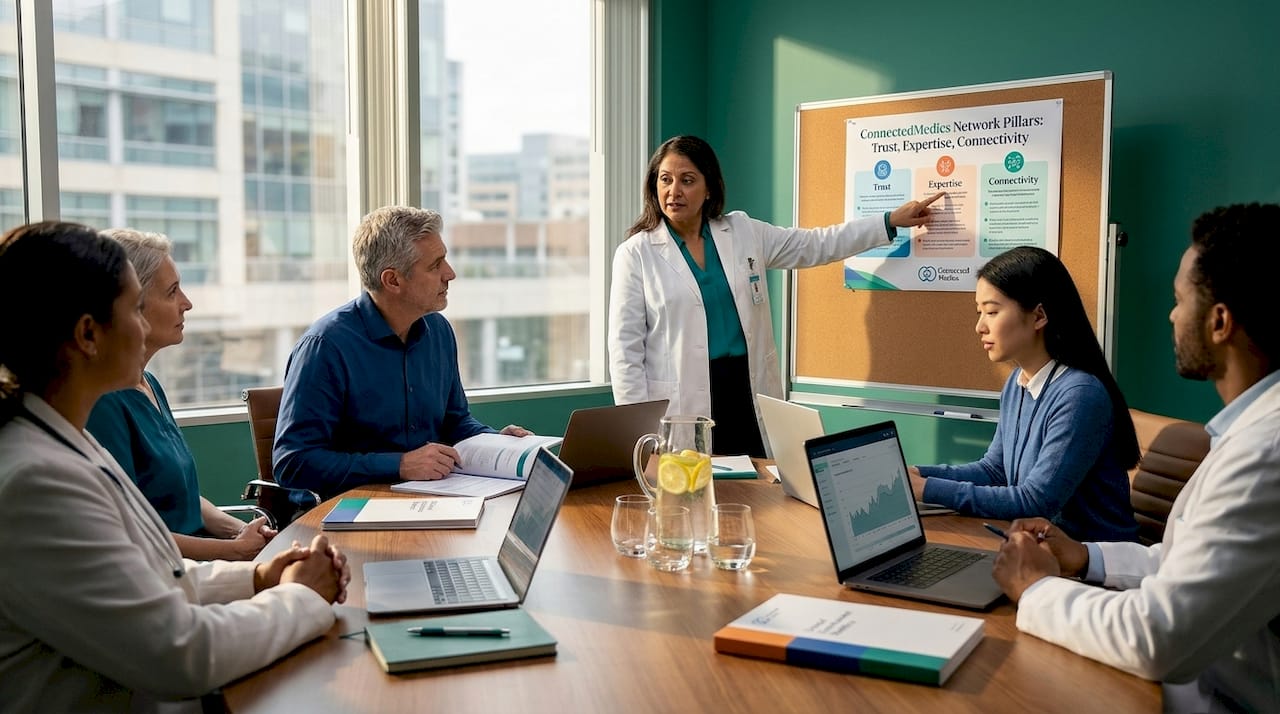 Healthcare team discussing network framework in meeting room