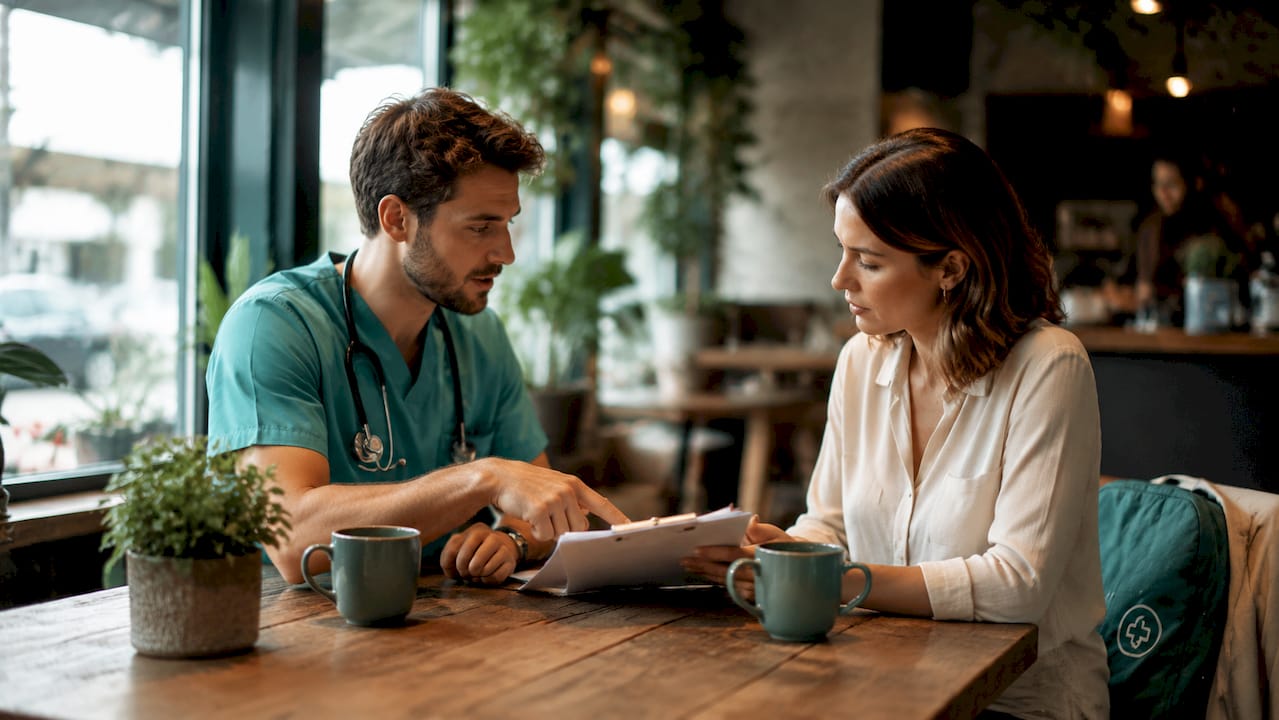 Nurse and coordinator discussing patient care details