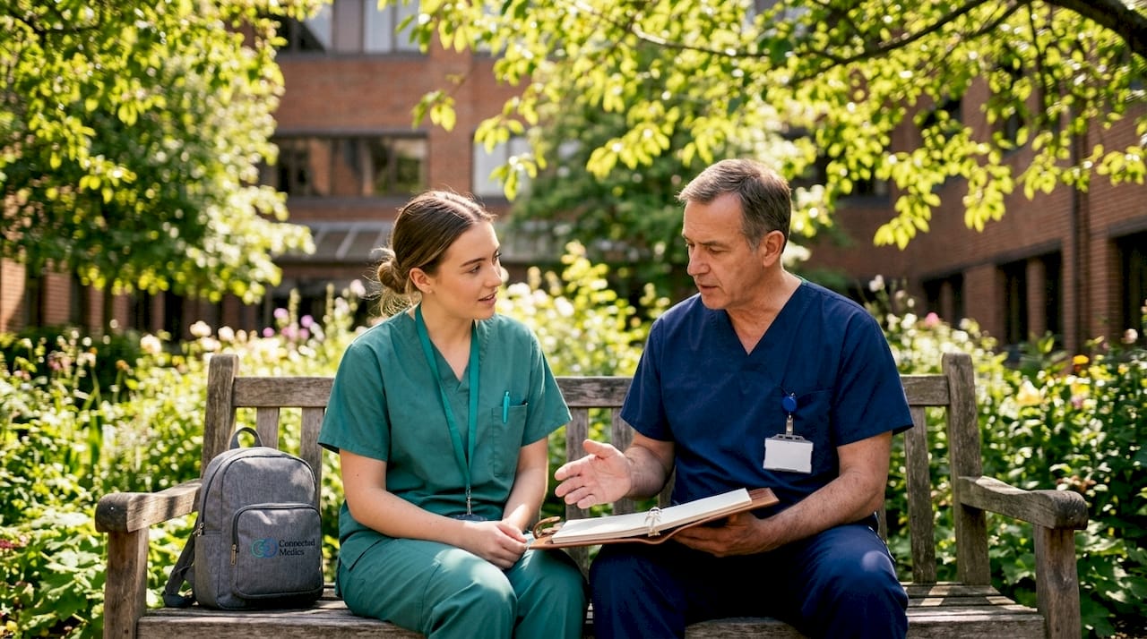 Nurse mentorship outdoors in hospital garden
