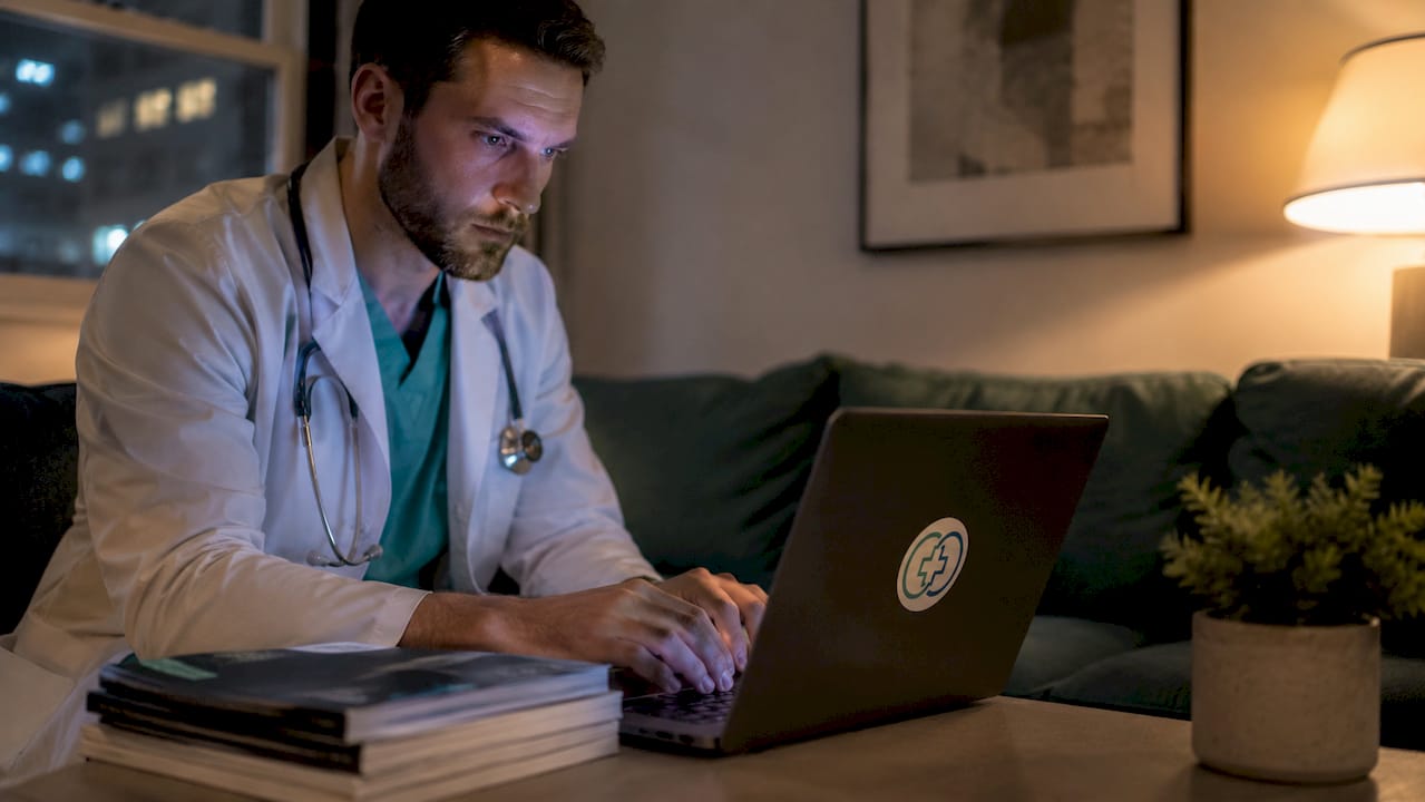 Doctor typing medical documentation in office