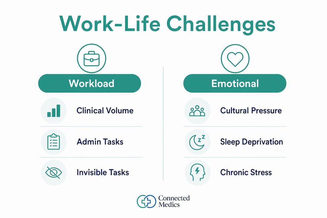Infographic comparing workload and emotional challenges for doctors