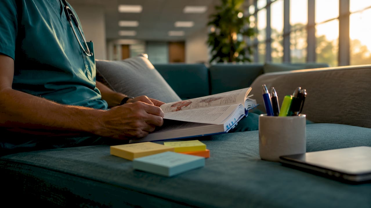 Overhead view of clinical case study notes and hands holding pen