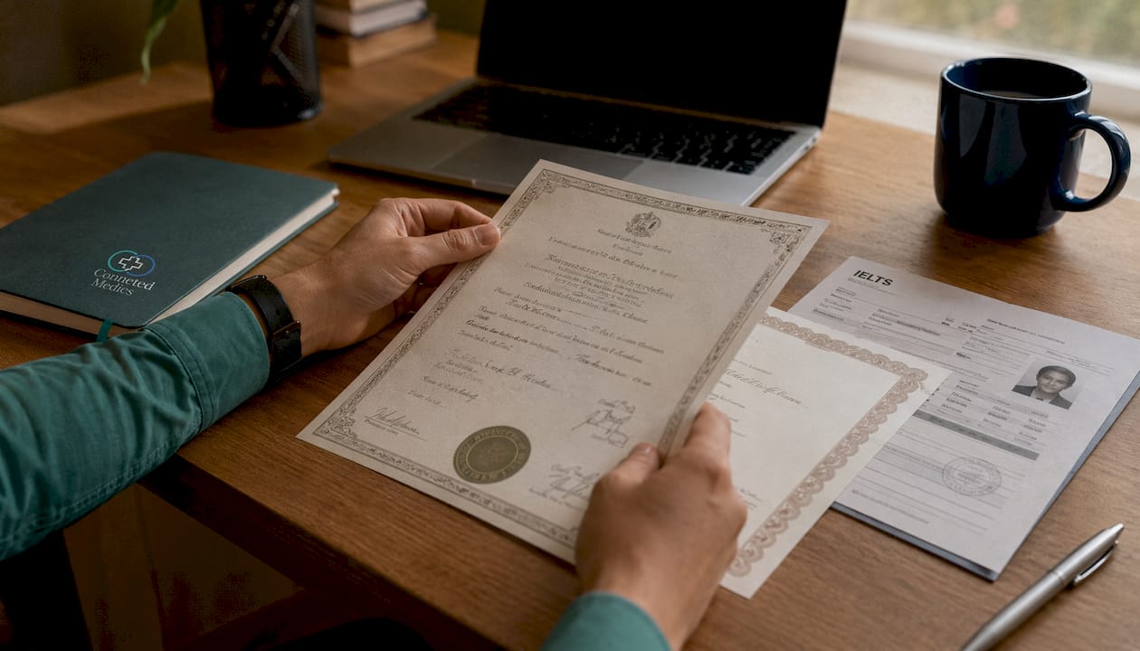 Hands reviewing GMC eligibility documents