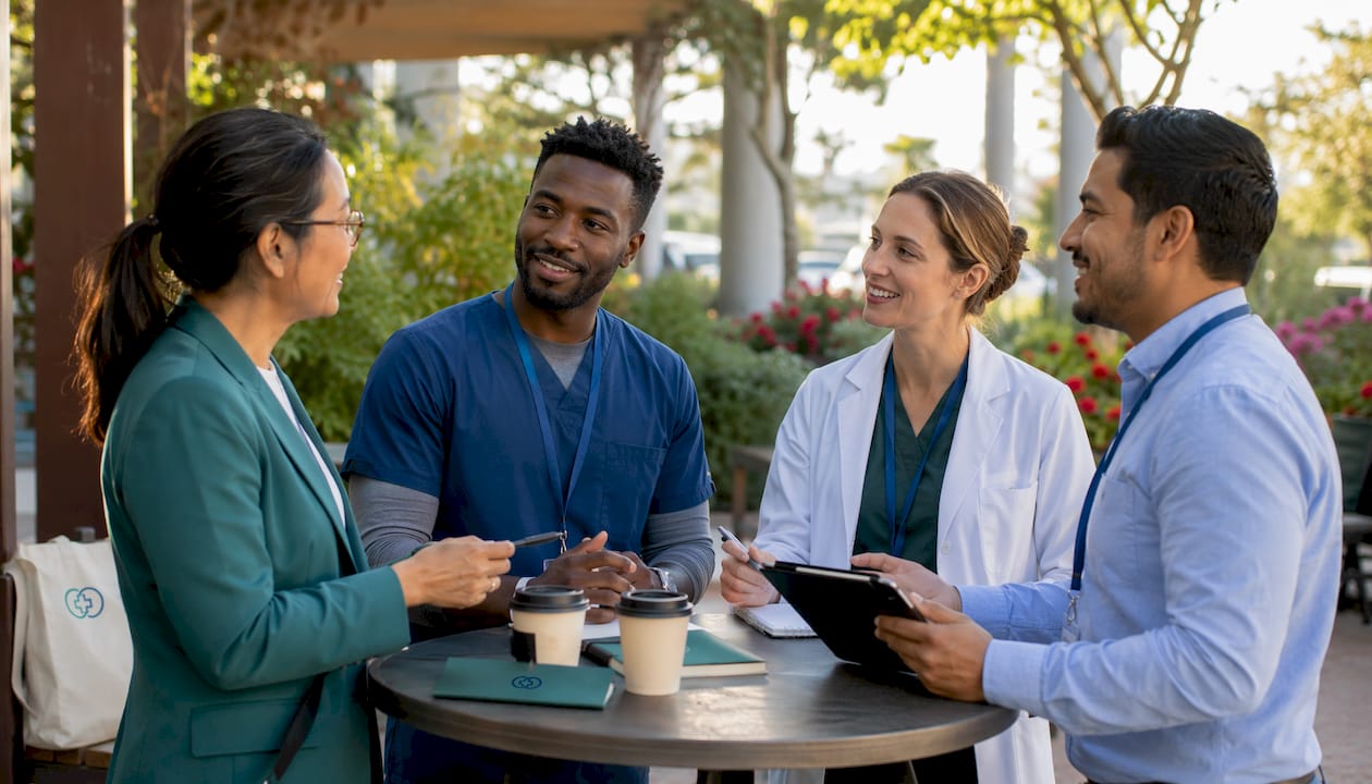 Medical professionals networking at oncology conference