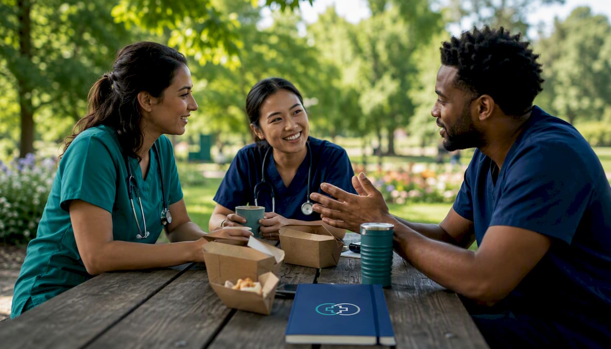 Nurses conversing during peer support huddle at cafe