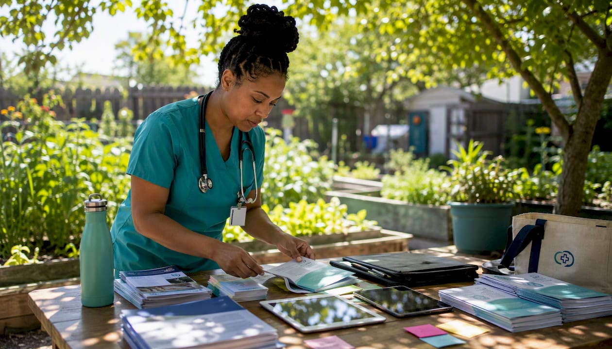 Hands organizing clinical nursing resources and devices