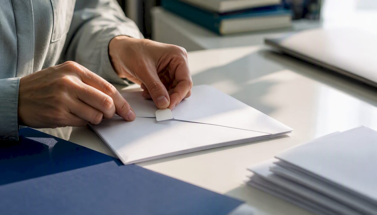 Hands sealing credential envelope with security tag