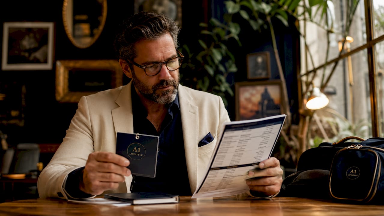Man reviewing backstage access card in artist lounge
