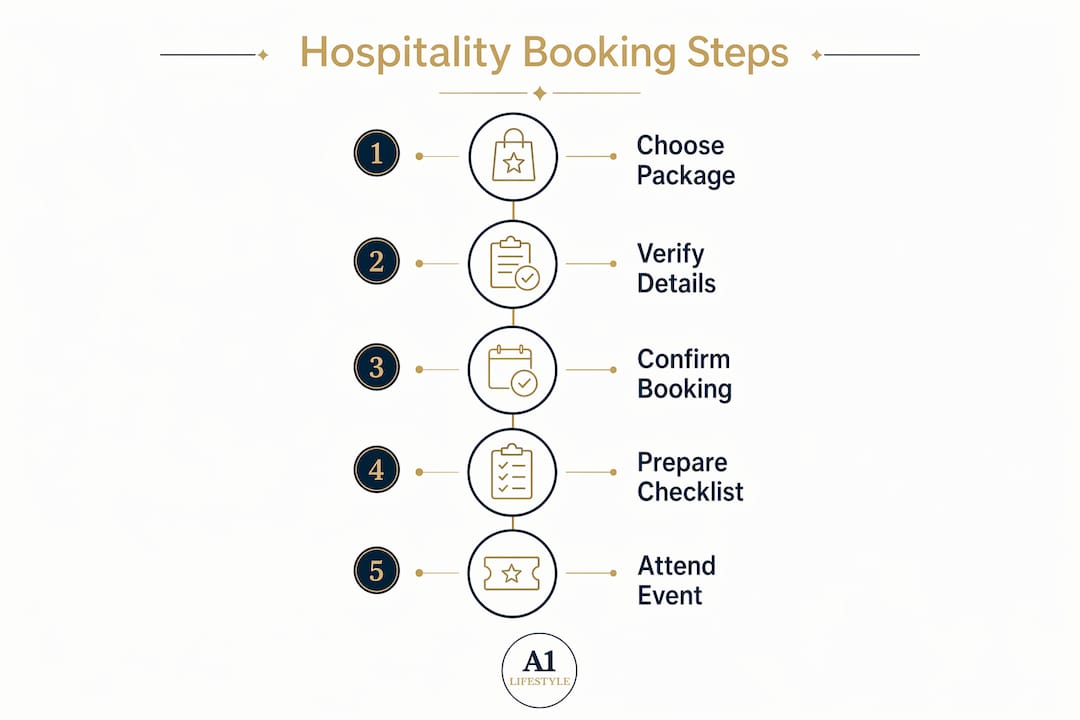 Infographic showing five key steps to book hospitality suites