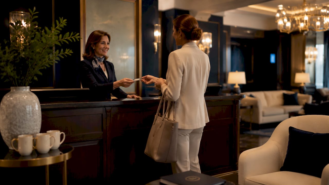 Concierge assisting guest in luxury hotel lounge