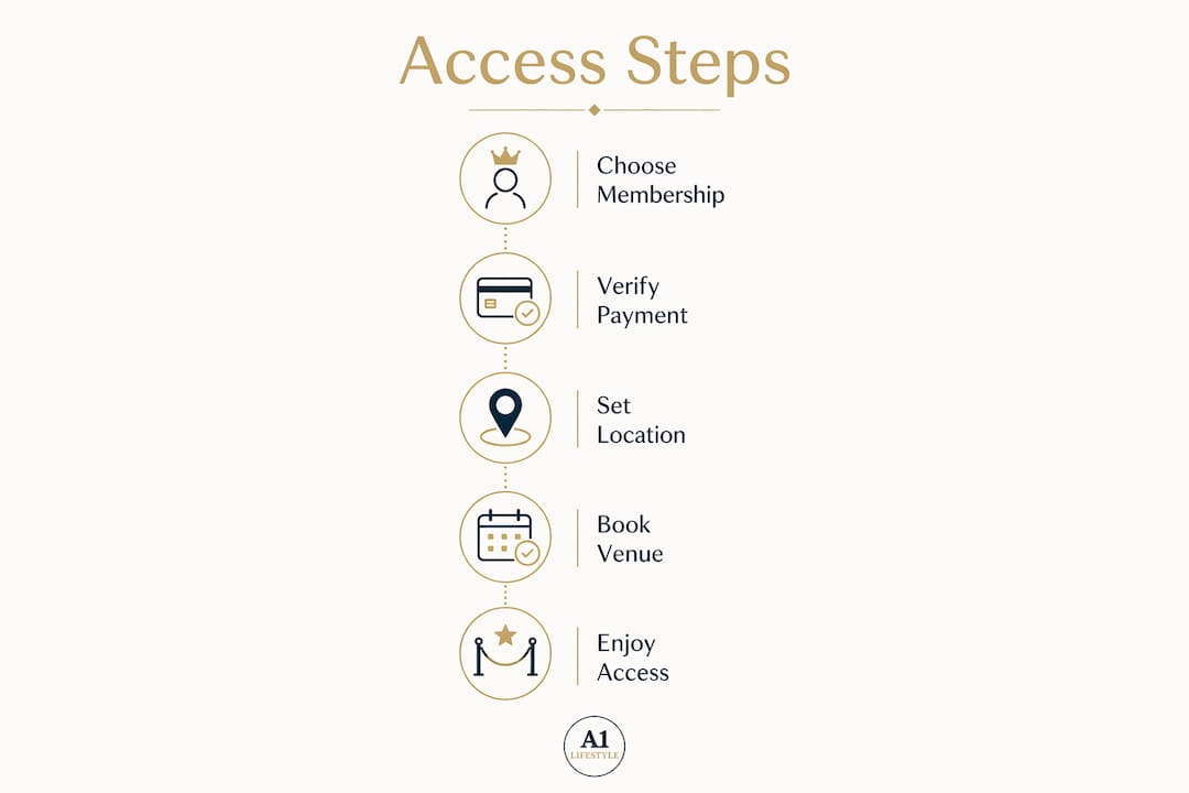 Infographic showing steps to access members-only venues