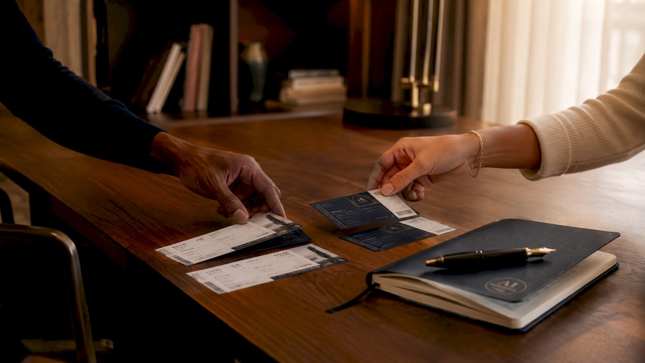 Hands sorting event ticket bundle components