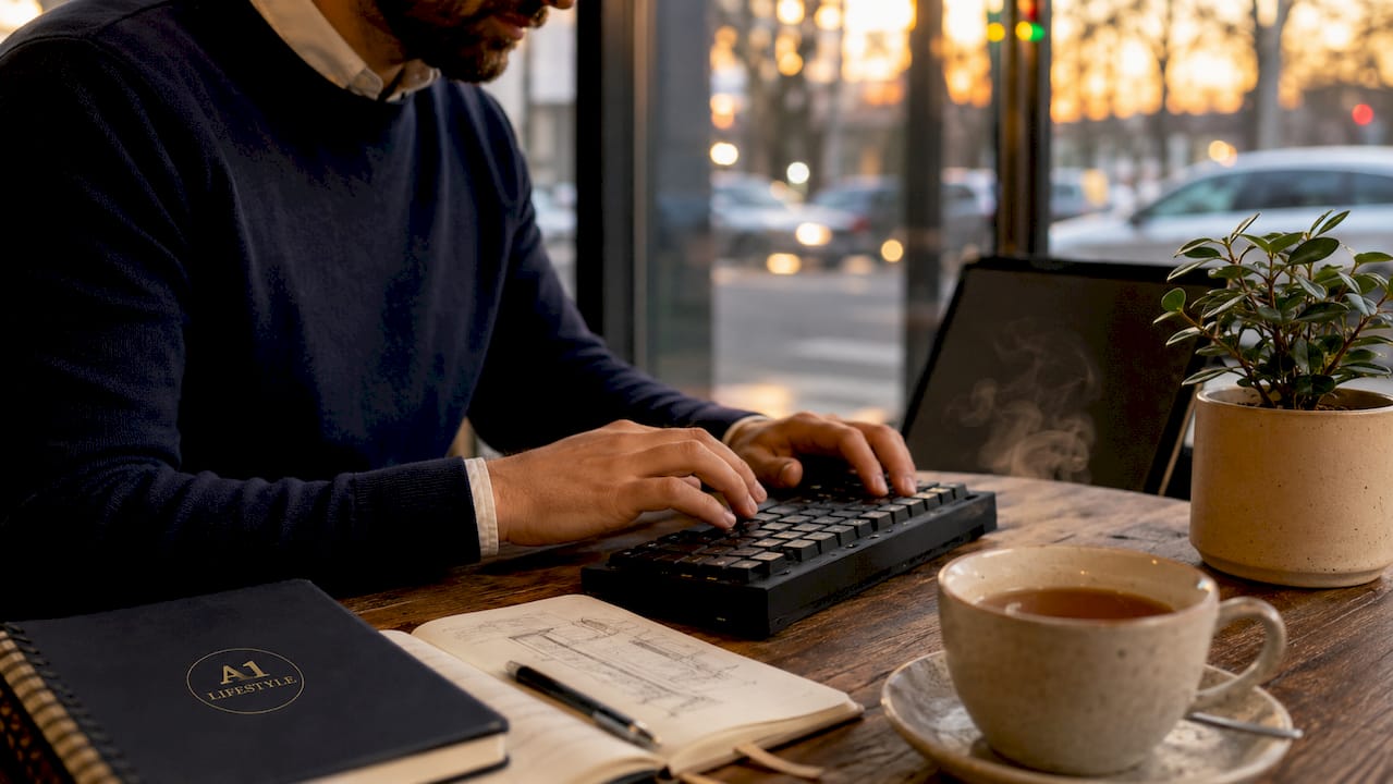 Hands typing rapidly on keyboard with coding monitors