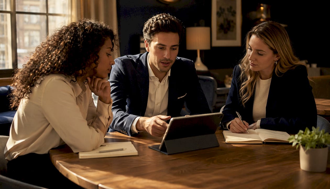 Hands pointing at hospitality data on tablet in lounge