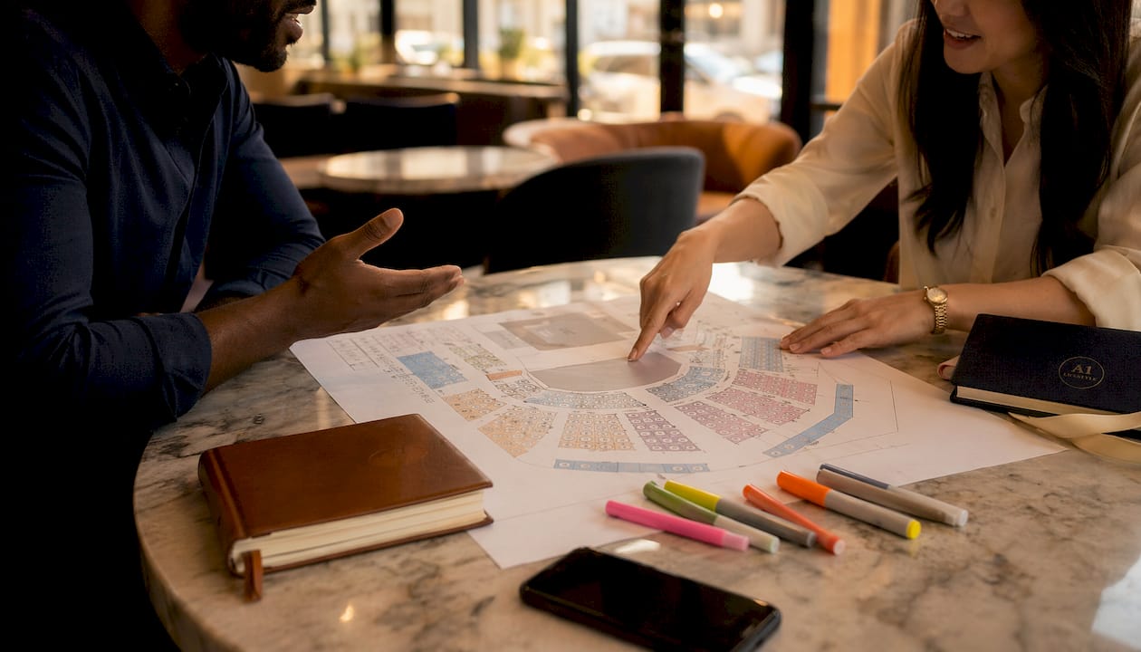 Hands discussing event seating and ticket tiers