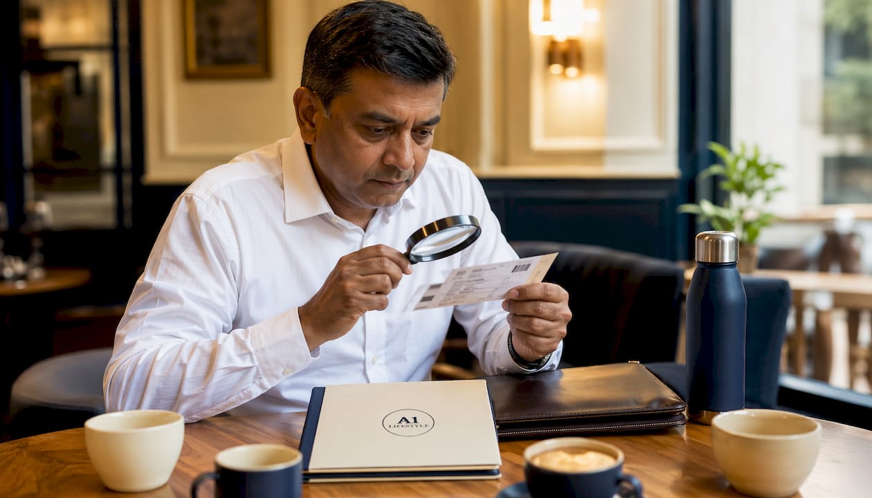 Professional verifying ticket authenticity at desk