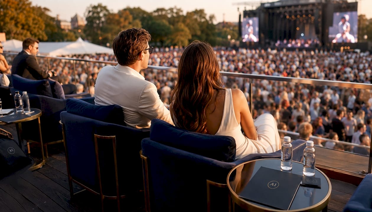 Reserved VIP seating near concert stage in stadium