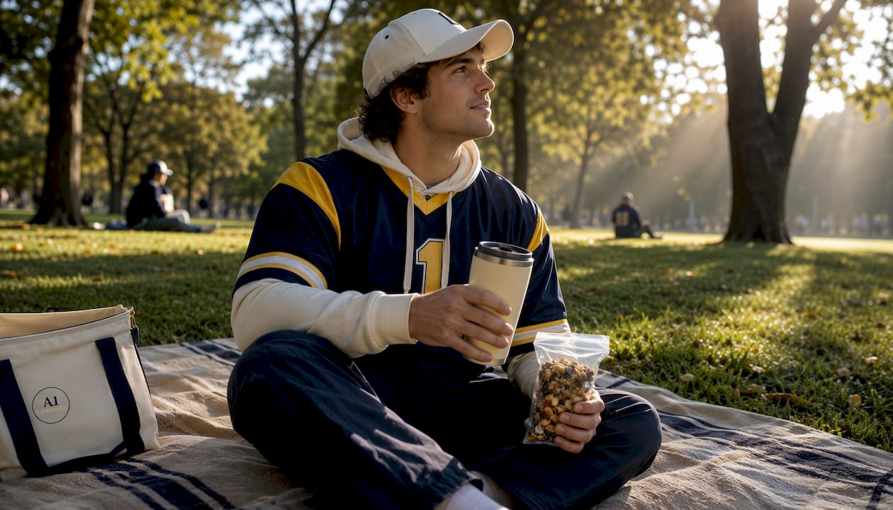 Fan in regular bleacher seating at bowl game