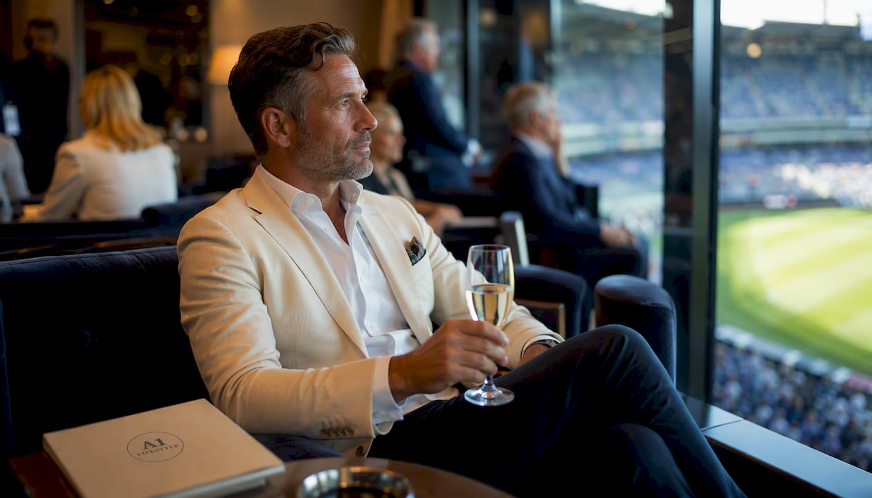 Man enjoying pitch-view club seat with champagne