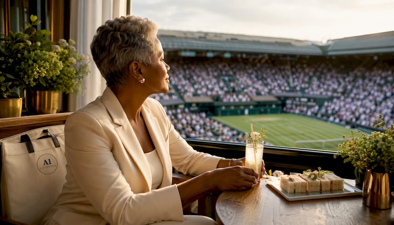 Woman in lounge overlooking Wimbledon Centre Court