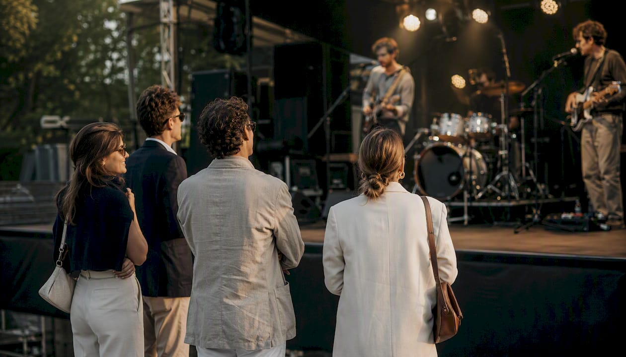 Small group attending soundcheck near stage