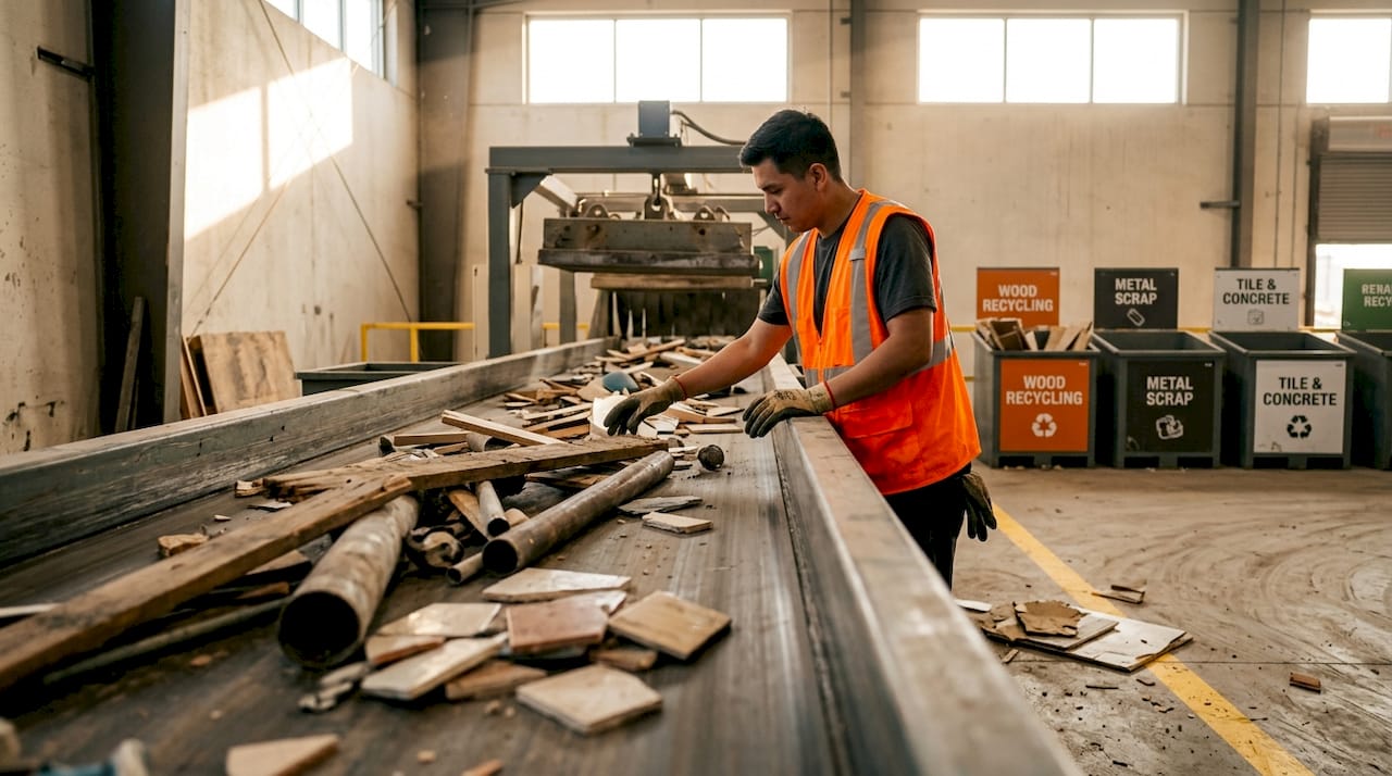 Worker sorting renovation debris for recycling