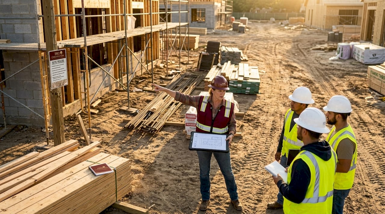Project manager discussing tasks with subcontractors