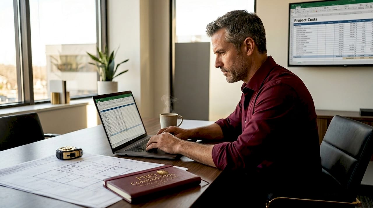 Contractor preparing construction bid on computer