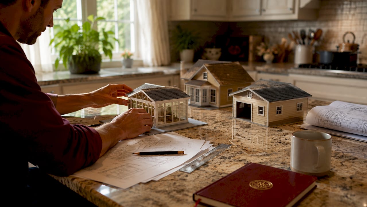 Architect hands adjusting home addition scale models