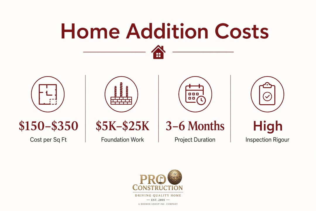 Infographic showing home addition cost factors and statistics